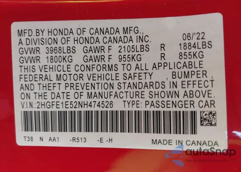 2022 Honda Civic Si Sedan z USA, uszkodzony, nr VIN 2HGFE1E52NH474526